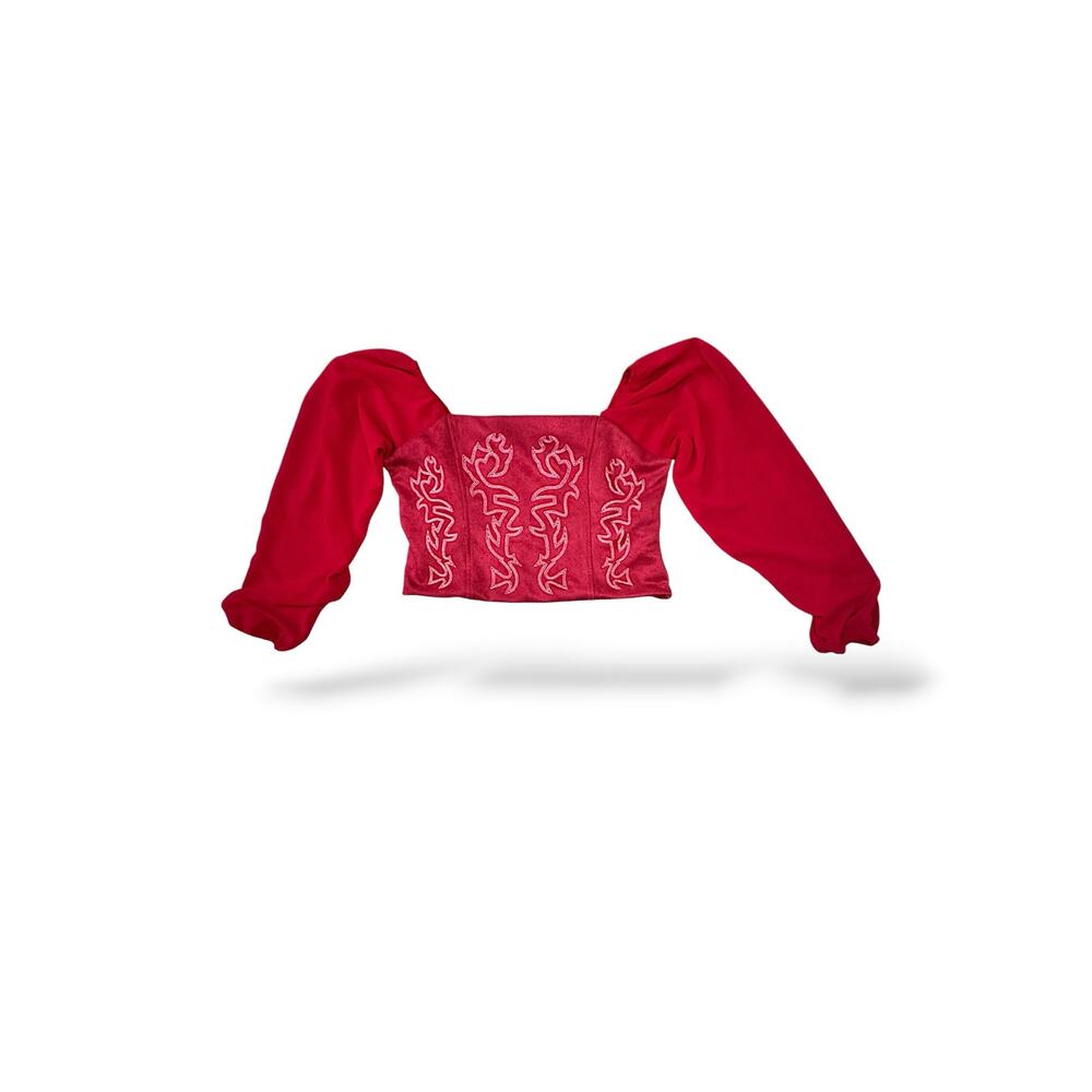 Sterling & Stitch Red Faux Suede Embroidered Puff Sleeve Crop Top Sz L